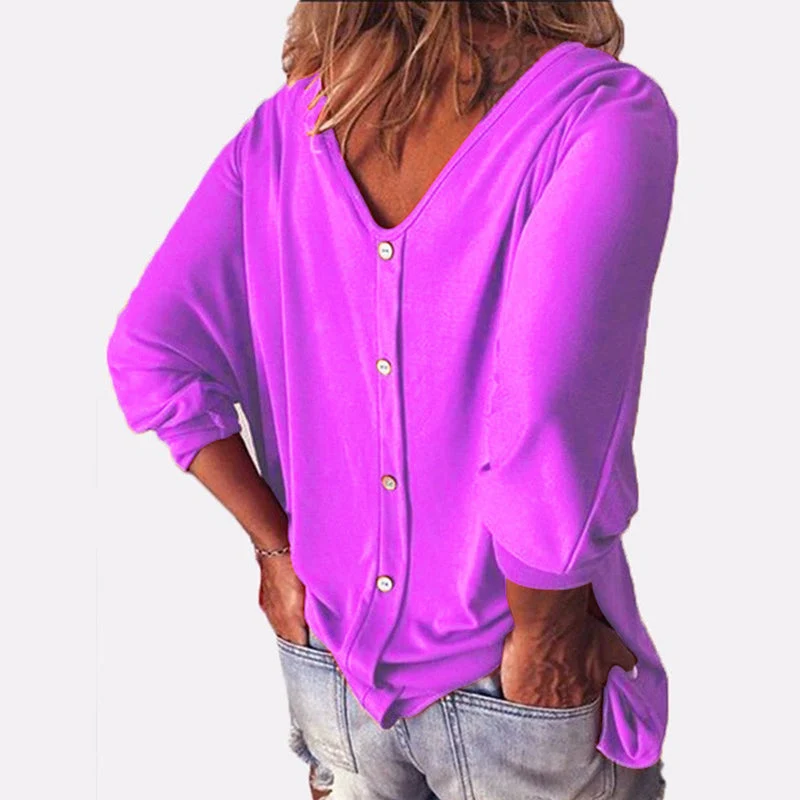 3/4 Sleeve Back Buttons V Neck Tops - Image 2
