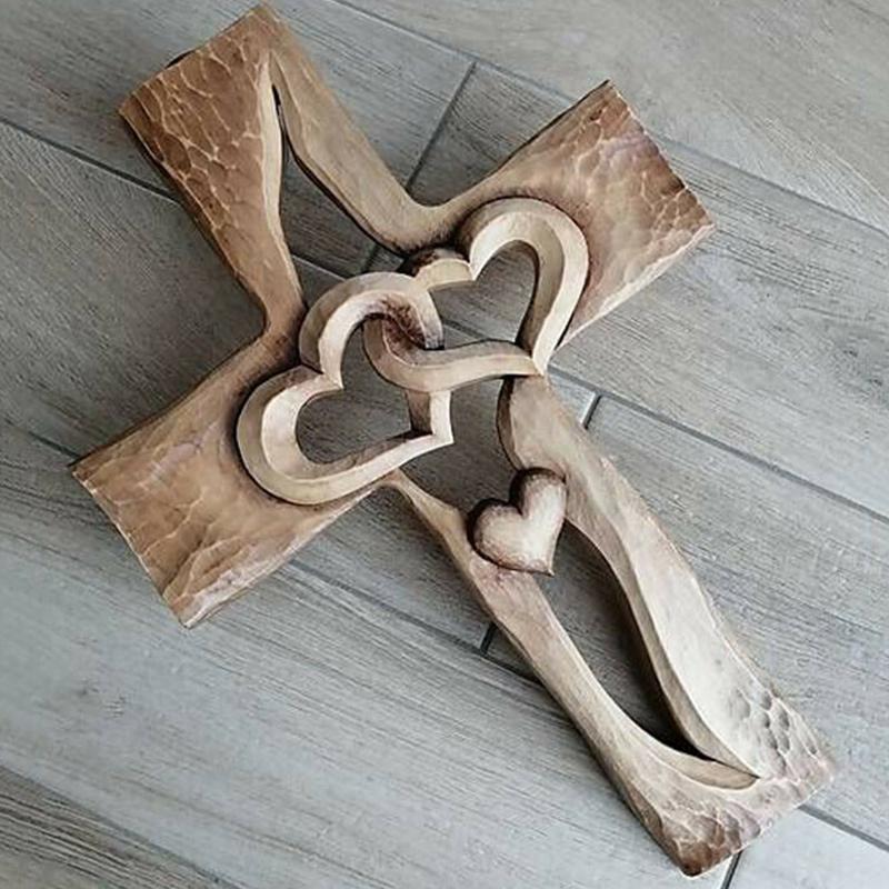Carved Wooden Cross - Intertwined Hearts - Image 4