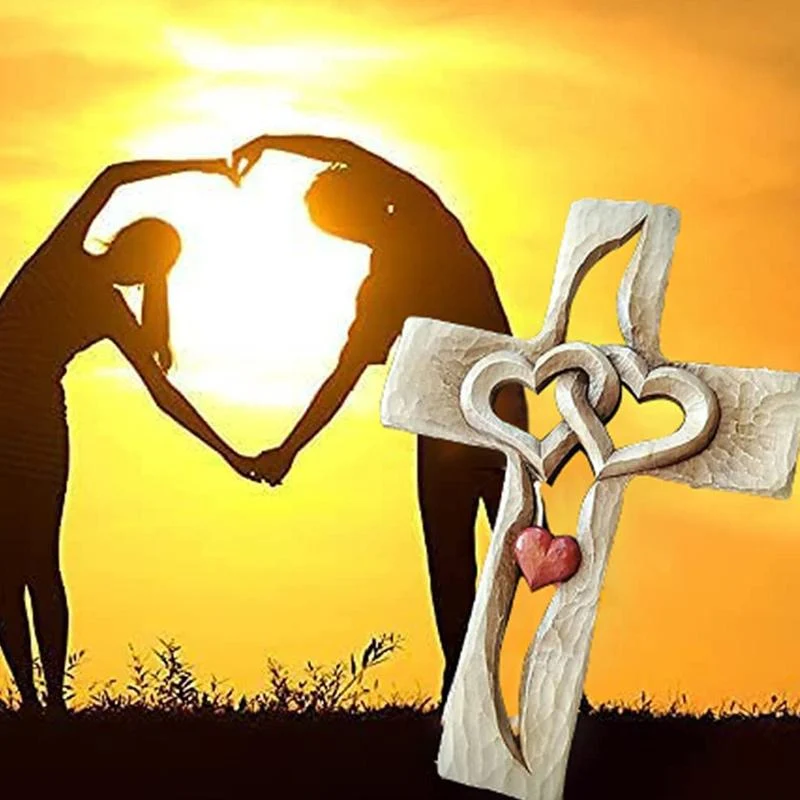 Carved Wooden Cross - Intertwined Hearts - Image 5