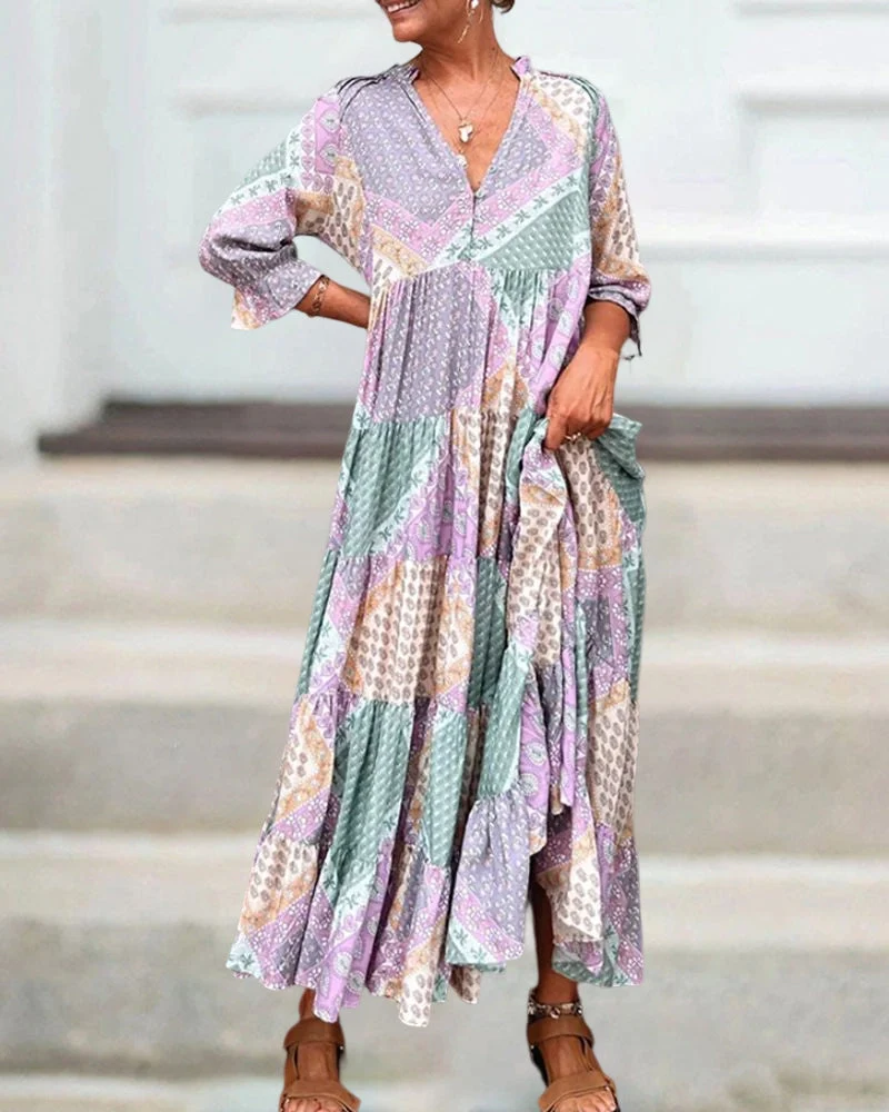 Color Block Print Dress with 3/4 Sleeves - Image 3