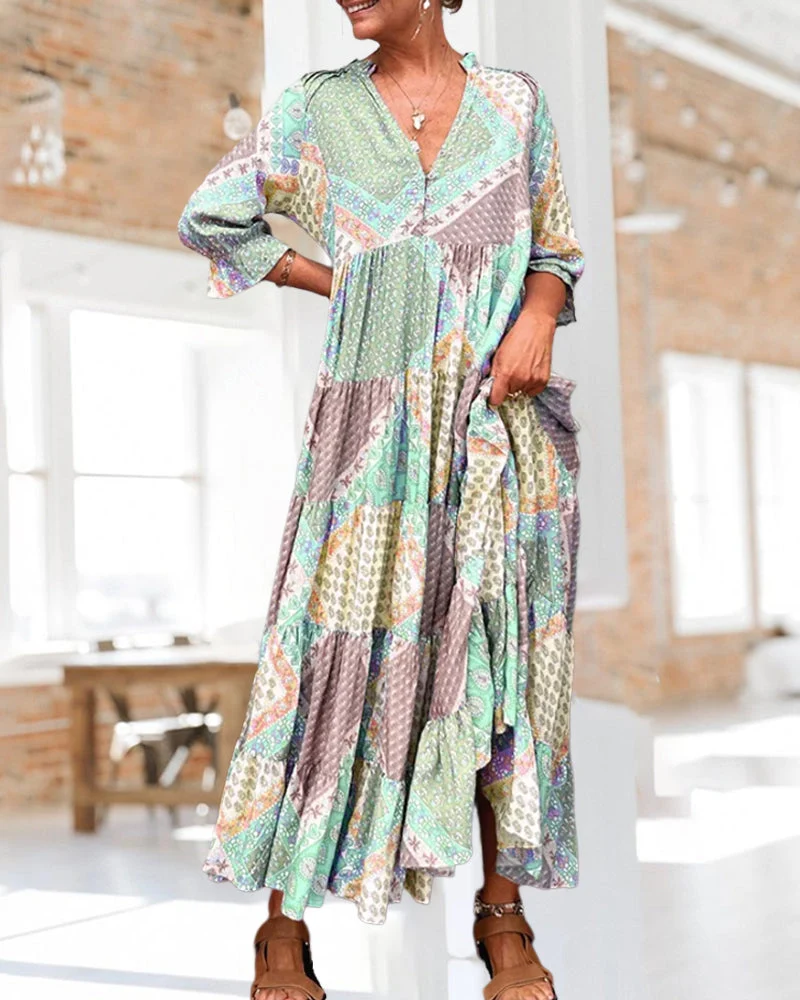Color Block Print Dress with 3/4 Sleeves - Image 4