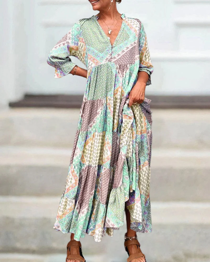 Color Block Print Dress with 3/4 Sleeves - Image 5