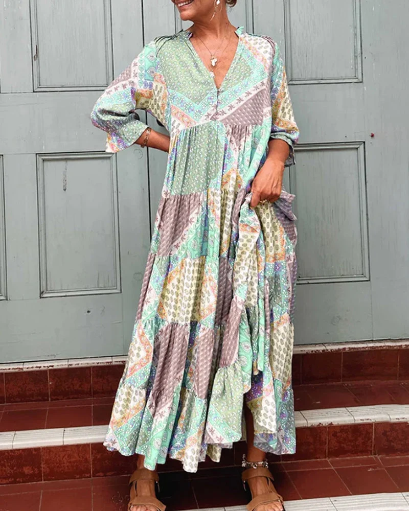 Color Block Print Dress with 3/4 Sleeves - Image 7