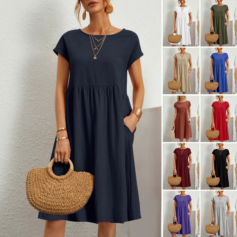 Cotton Crew Neck A-Line Dress - Image 2