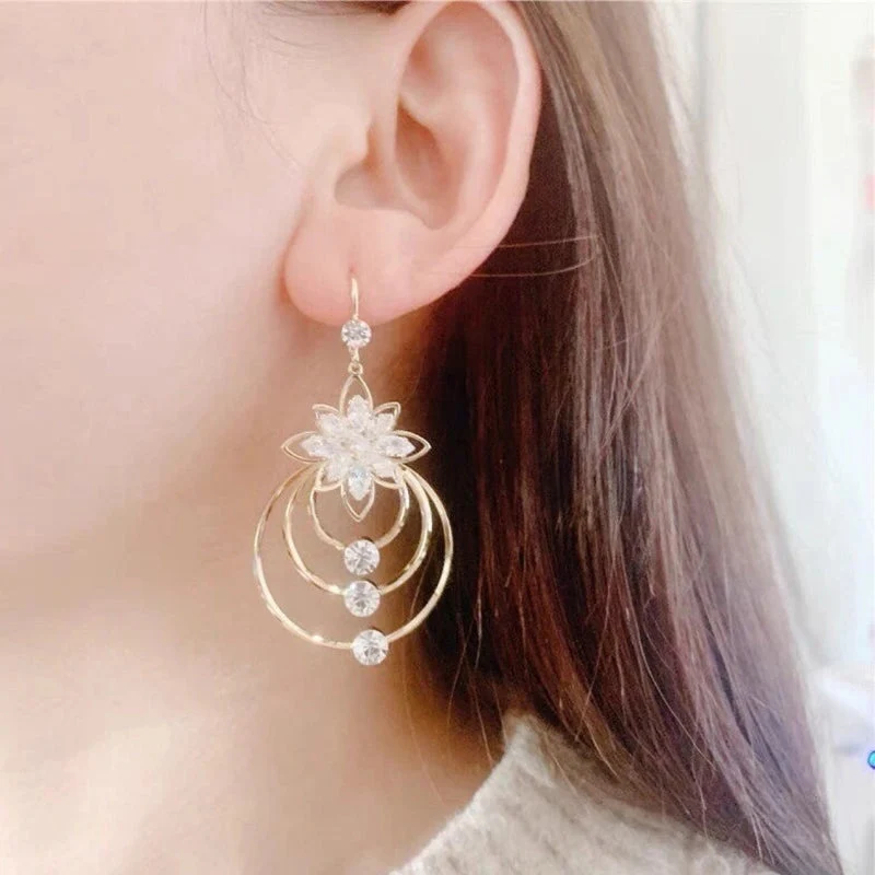 Crystal Lotus Three Hoop Earrings - Image 4