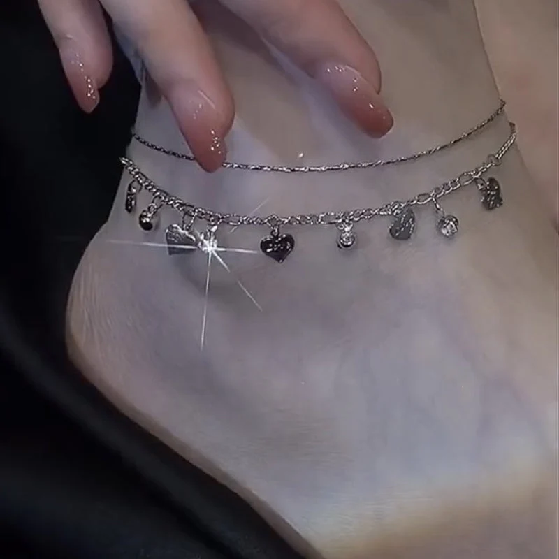 Double Layer Rhinestones Heart Anklet - Image 3
