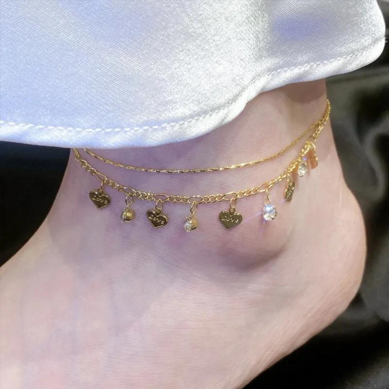 Double Layer Rhinestones Heart Anklet - Image 5
