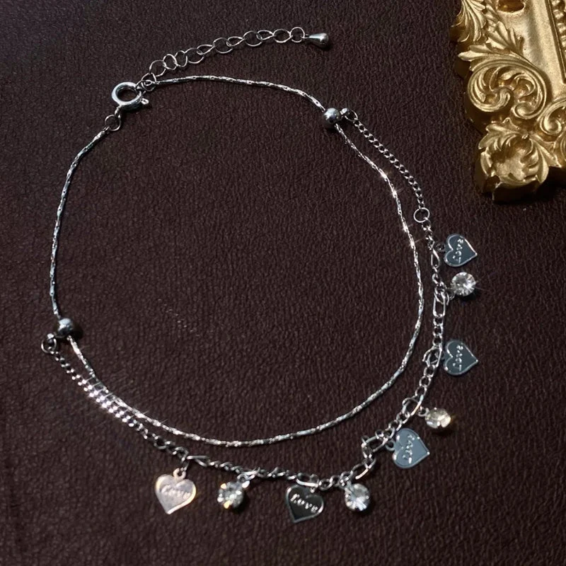 Double Layer Rhinestones Heart Anklet - Image 7