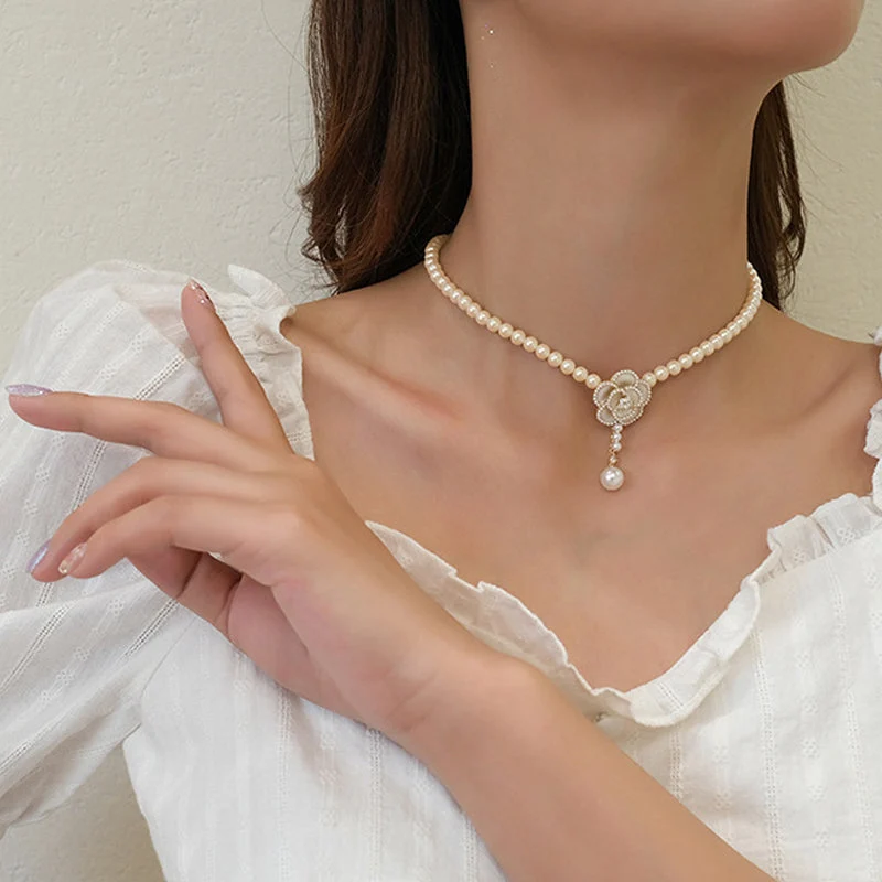 Elegant Pearl Camellia Necklace - Image 3
