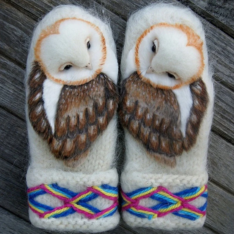 Hand Knitted Nordic Mittens With Owls - Image 3