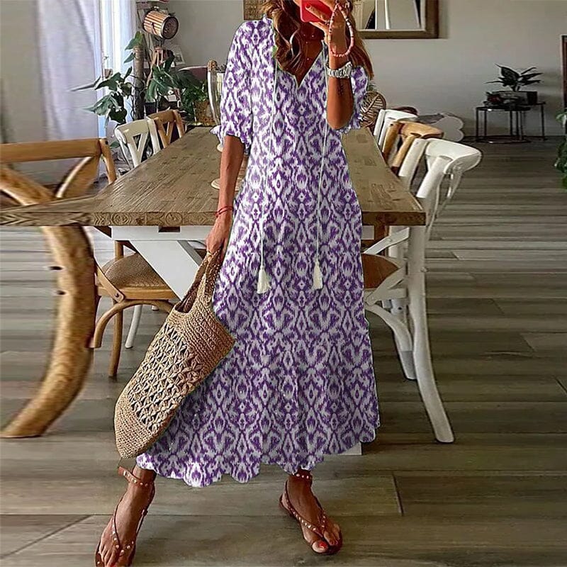 Loose V Neck Printed Long Dress - Image 11