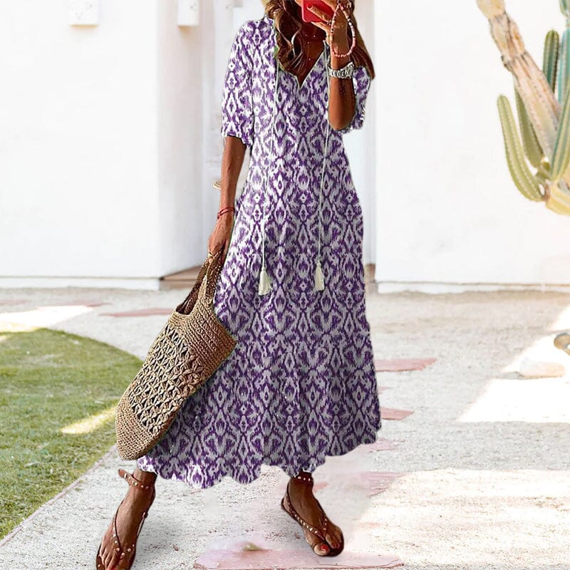 Loose V Neck Printed Long Dress - Image 2