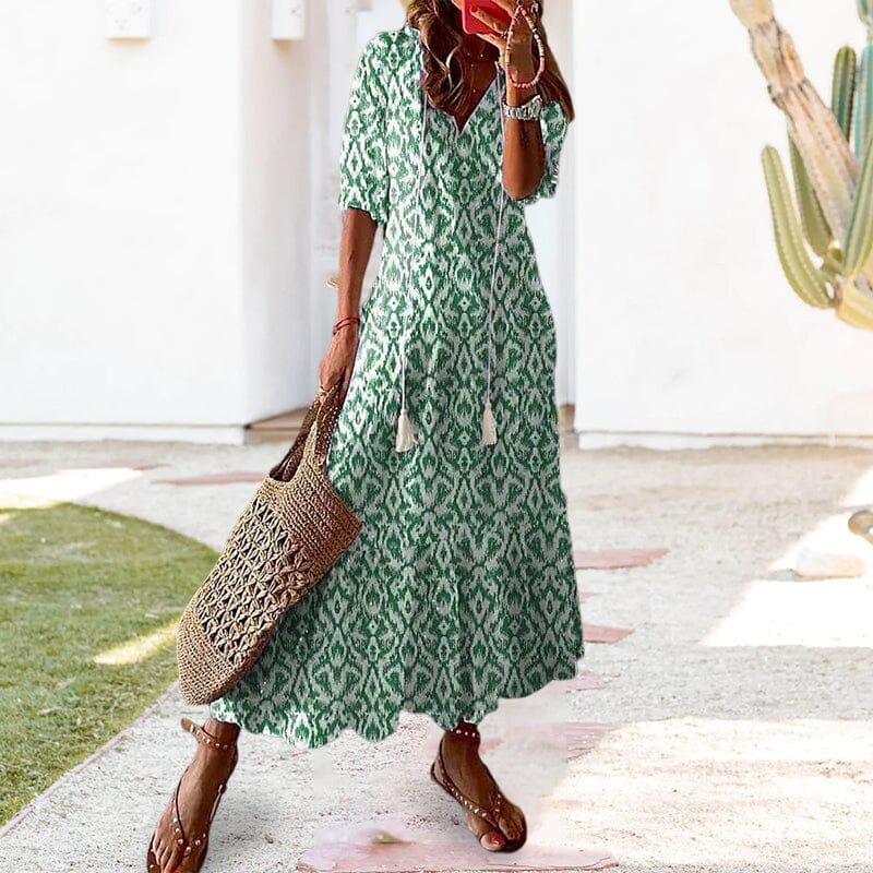 Loose V Neck Printed Long Dress - Image 3