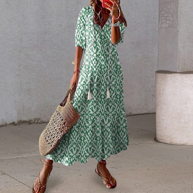 Loose V Neck Printed Long Dress - Image 6