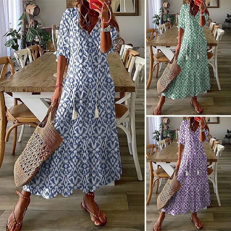 Loose V Neck Printed Long Dress - Image 7