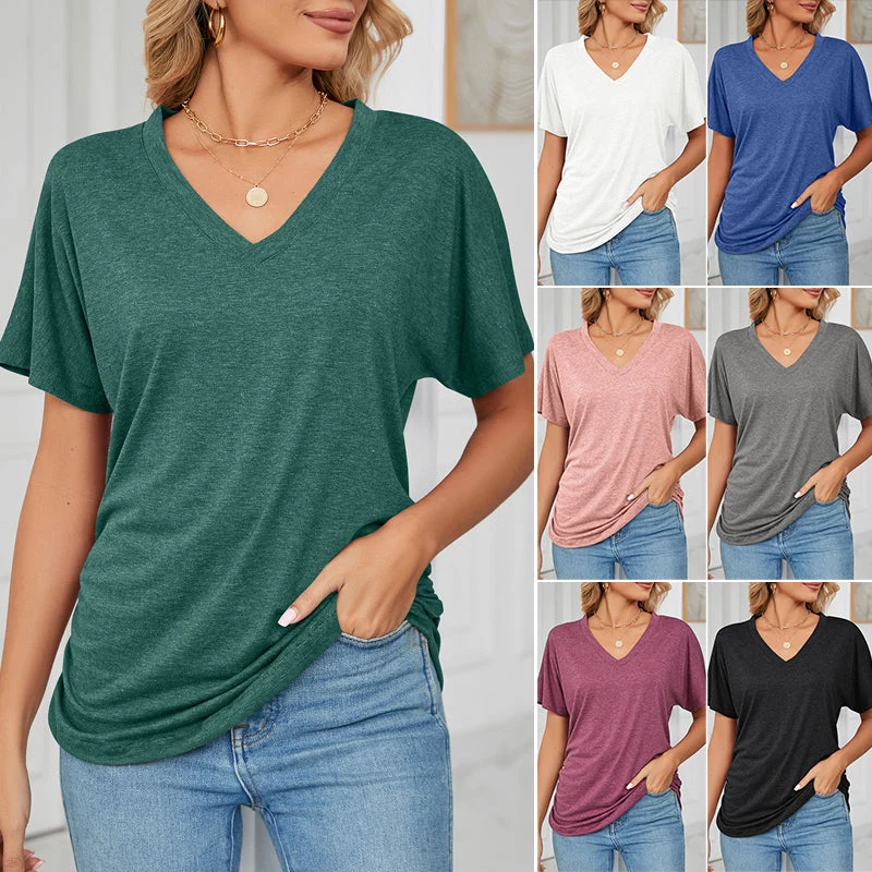 New Casual Pullover V-Neck Solid Color Loose Ladies Tops - Image 2