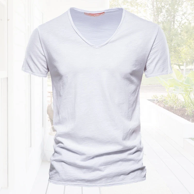 Plain Slub Cotton V-neck T-shirt - Image 11