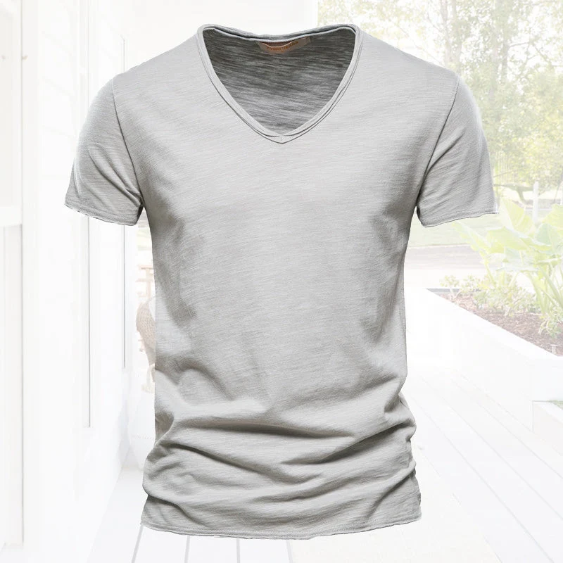 Plain Slub Cotton V-neck T-shirt - Image 12