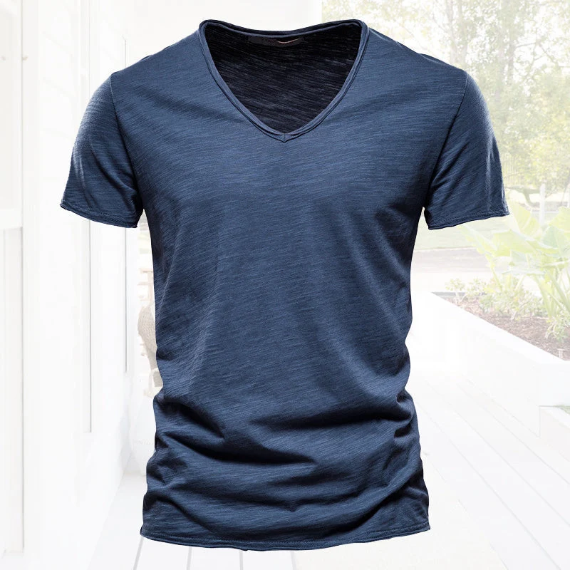 Plain Slub Cotton V-neck T-shirt - Image 15