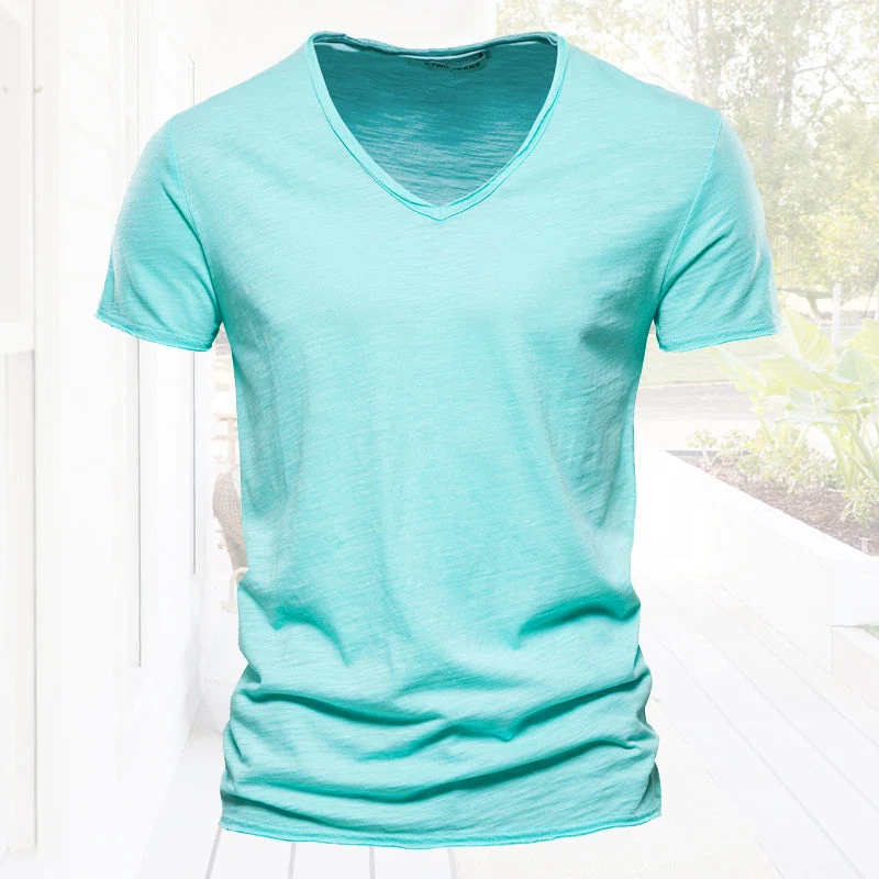 Plain Slub Cotton V-neck T-shirt - Image 19