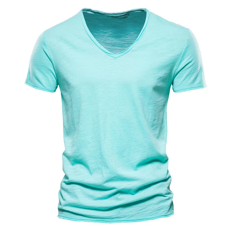 Plain Slub Cotton V-neck T-shirt - Image 24