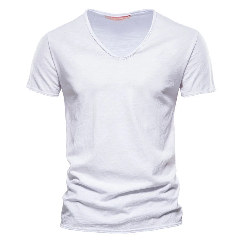 Plain Slub Cotton V-neck T-shirt - Image 25
