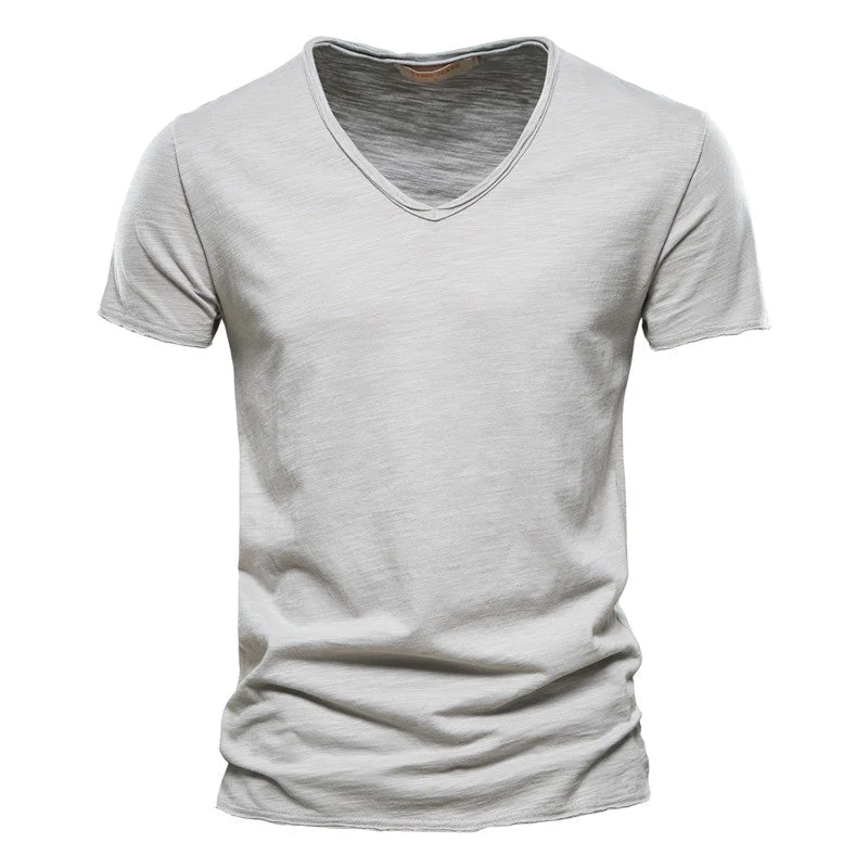 Plain Slub Cotton V-neck T-shirt - Image 27