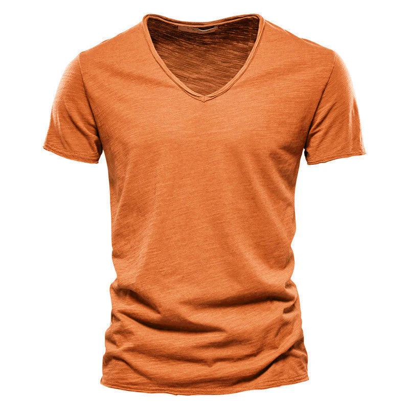 Plain Slub Cotton V-neck T-shirt - Image 28