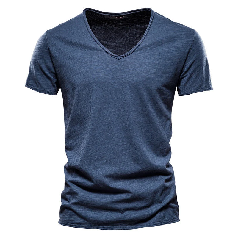 Plain Slub Cotton V-neck T-shirt - Image 29
