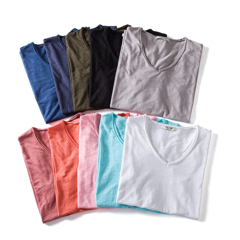 Plain Slub Cotton V-neck T-shirt - Image 3