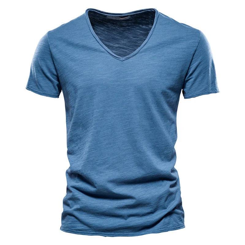 Plain Slub Cotton V-neck T-shirt - Image 32