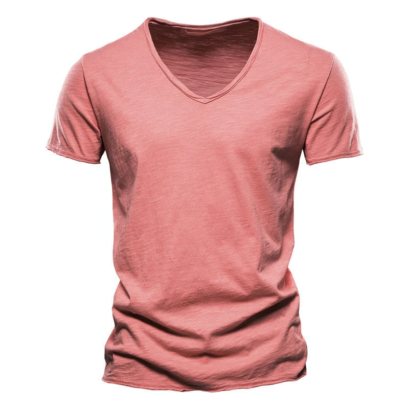 Plain Slub Cotton V-neck T-shirt - Image 34