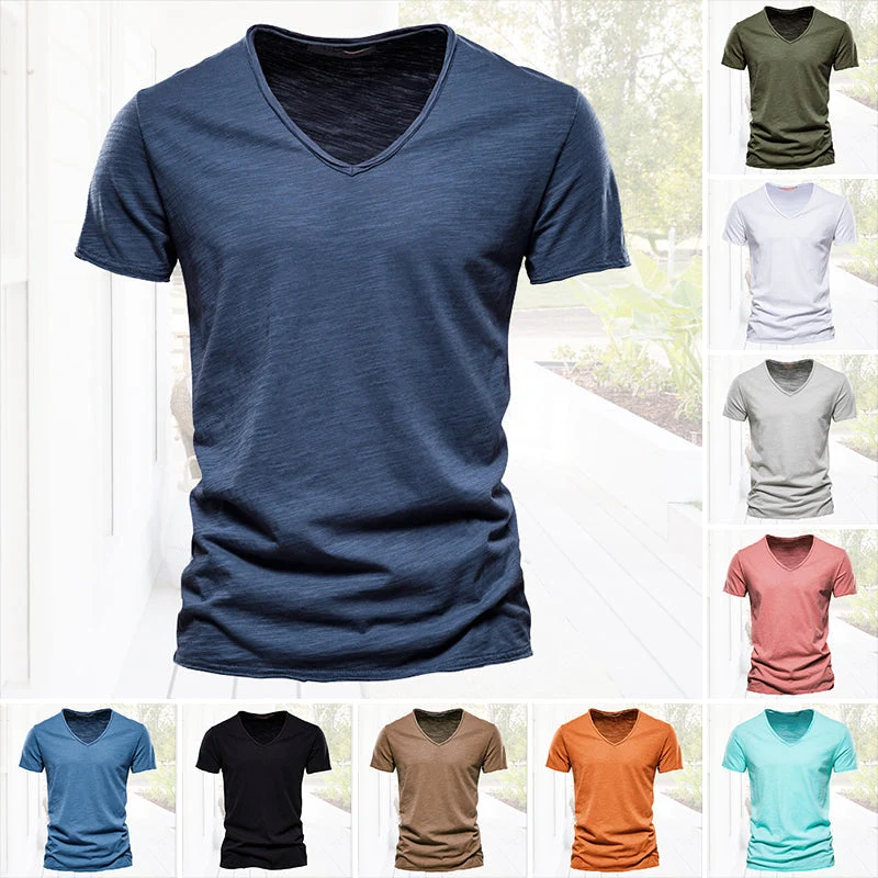 Plain Slub Cotton V-neck T-shirt - Image 5