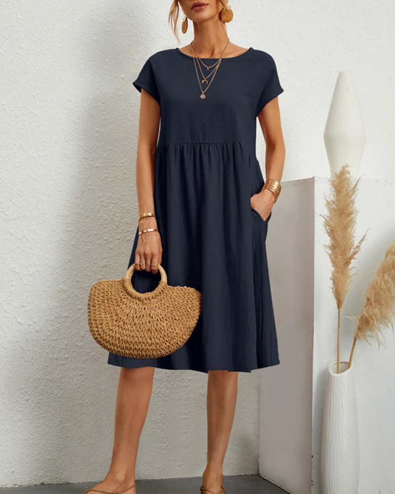 Round neck loose cotton and linen dress - Image 5
