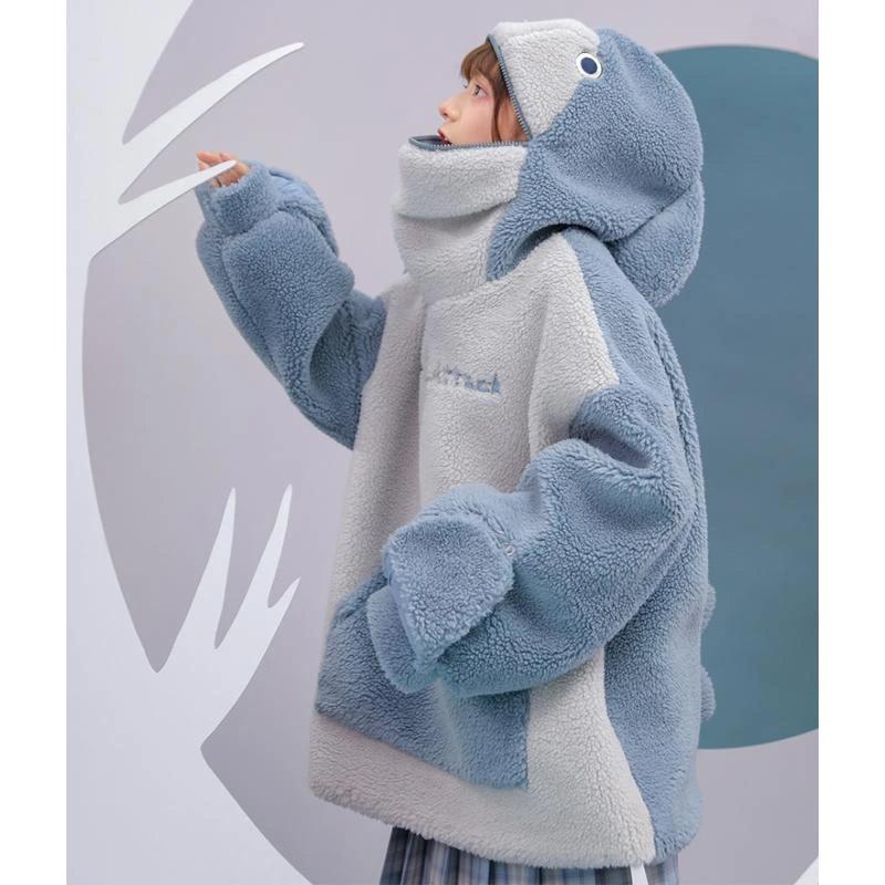 Shark Embroidery Zipper Letter Plush Hoodie - Image 2