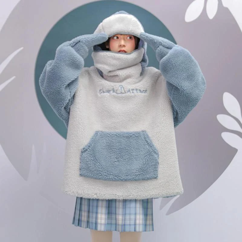 Shark Embroidery Zipper Letter Plush Hoodie - Image 3