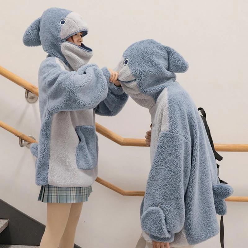 Shark Embroidery Zipper Letter Plush Hoodie - Image 4