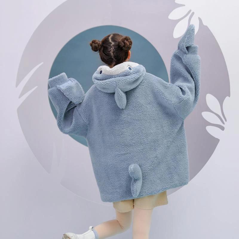 Shark Embroidery Zipper Letter Plush Hoodie - Image 6