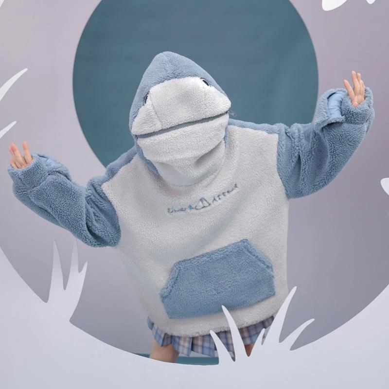 Shark Embroidery Zipper Letter Plush Hoodie - Image 7