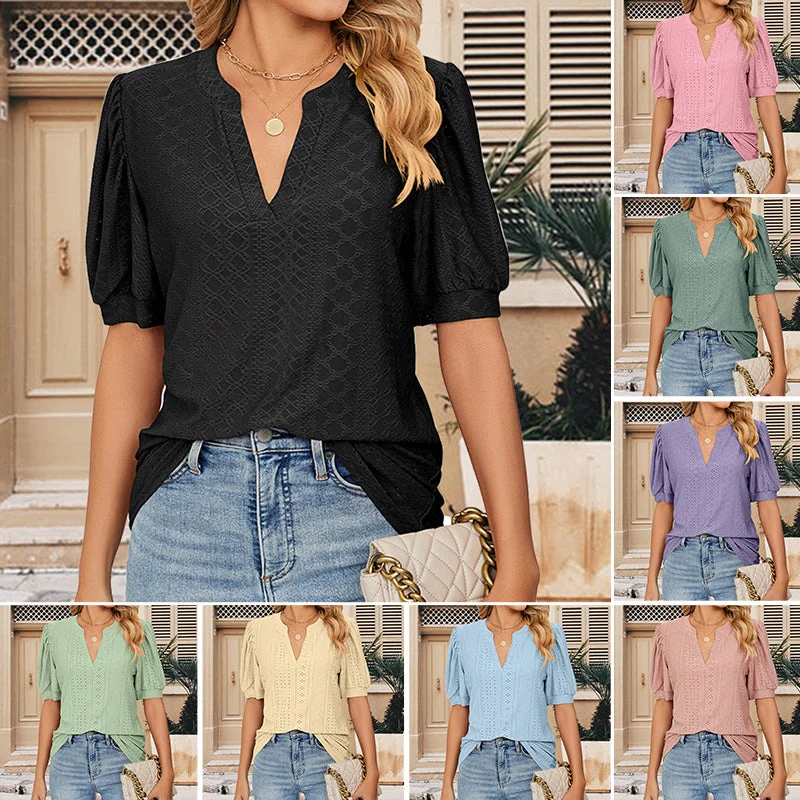 Solid Color Hollow Bubble Sleeve Loose T-shirt Top - Image 2