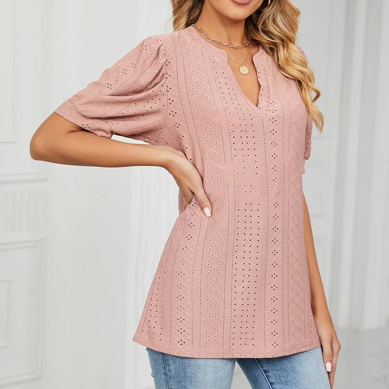 Solid Color Hollow Bubble Sleeve Loose T-shirt Top - Image 5