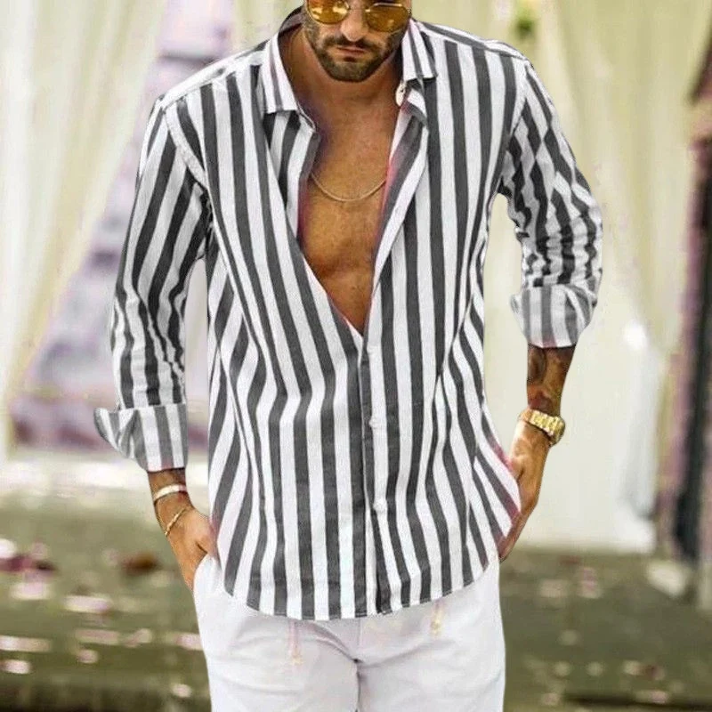 Spring Summer Men's Cotton Linen Striped Button Shirt - Image 3