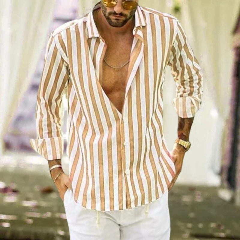 Spring Summer Men's Cotton Linen Striped Button Shirt - Image 4