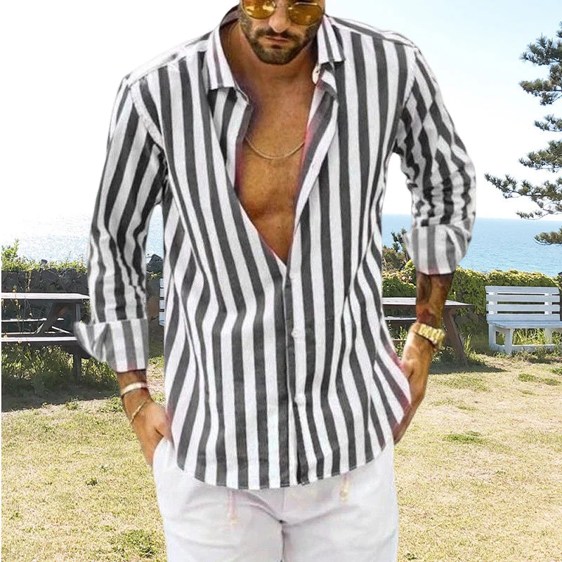 Spring Summer Men's Cotton Linen Striped Button Shirt - Image 8