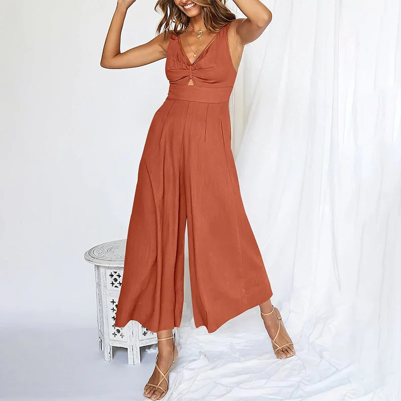 V Neck Cutout Wide Leg Jumpsuits - Image 9
