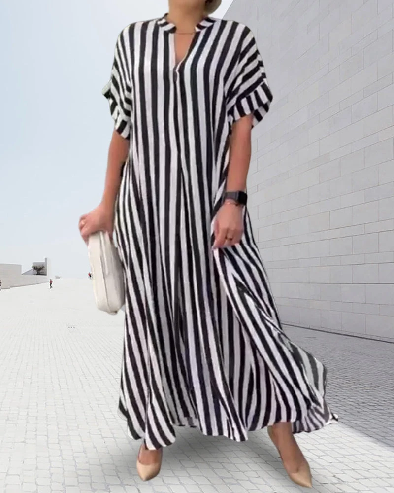 V-neck Shirt Dress in Stripe Print - Image 5