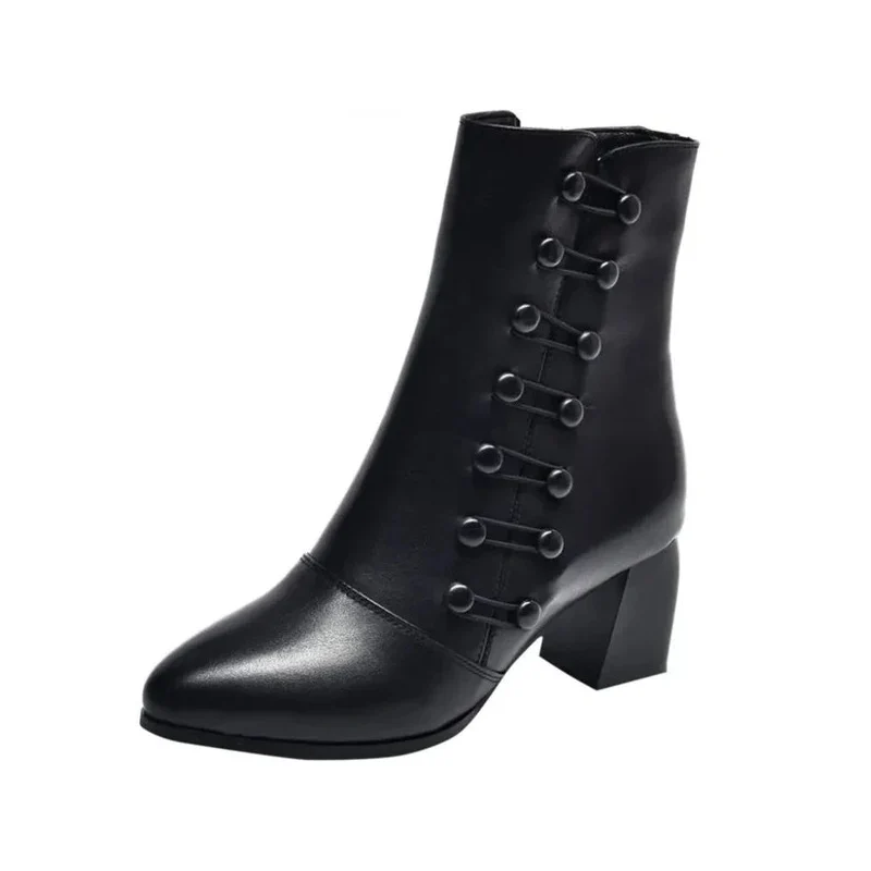 Women Warm Side Butto Leather Ankle Boots - Image 10