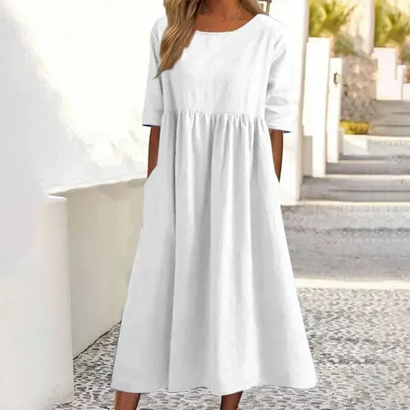 Women's Casual Crew Neck Pocket Smocked Cotton Dress - Image 3