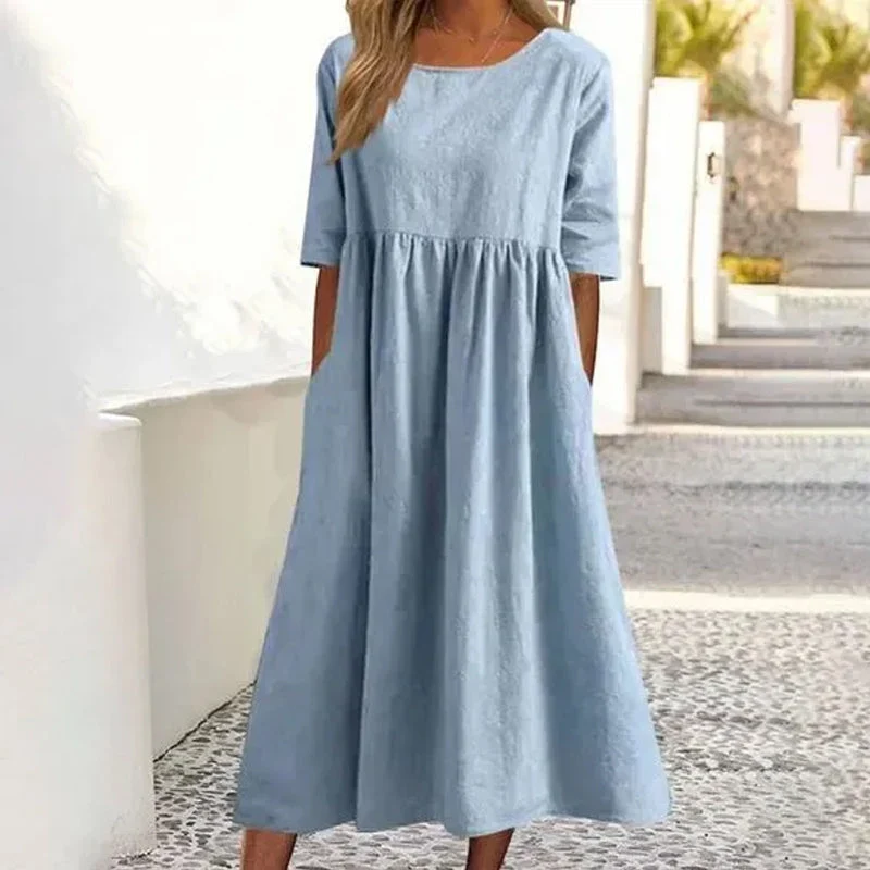 Women's Casual Crew Neck Pocket Smocked Cotton Dress - Image 5