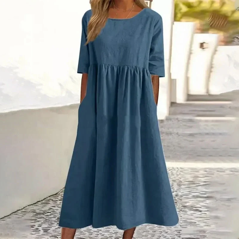 Women's Casual Crew Neck Pocket Smocked Cotton Dress - Image 8